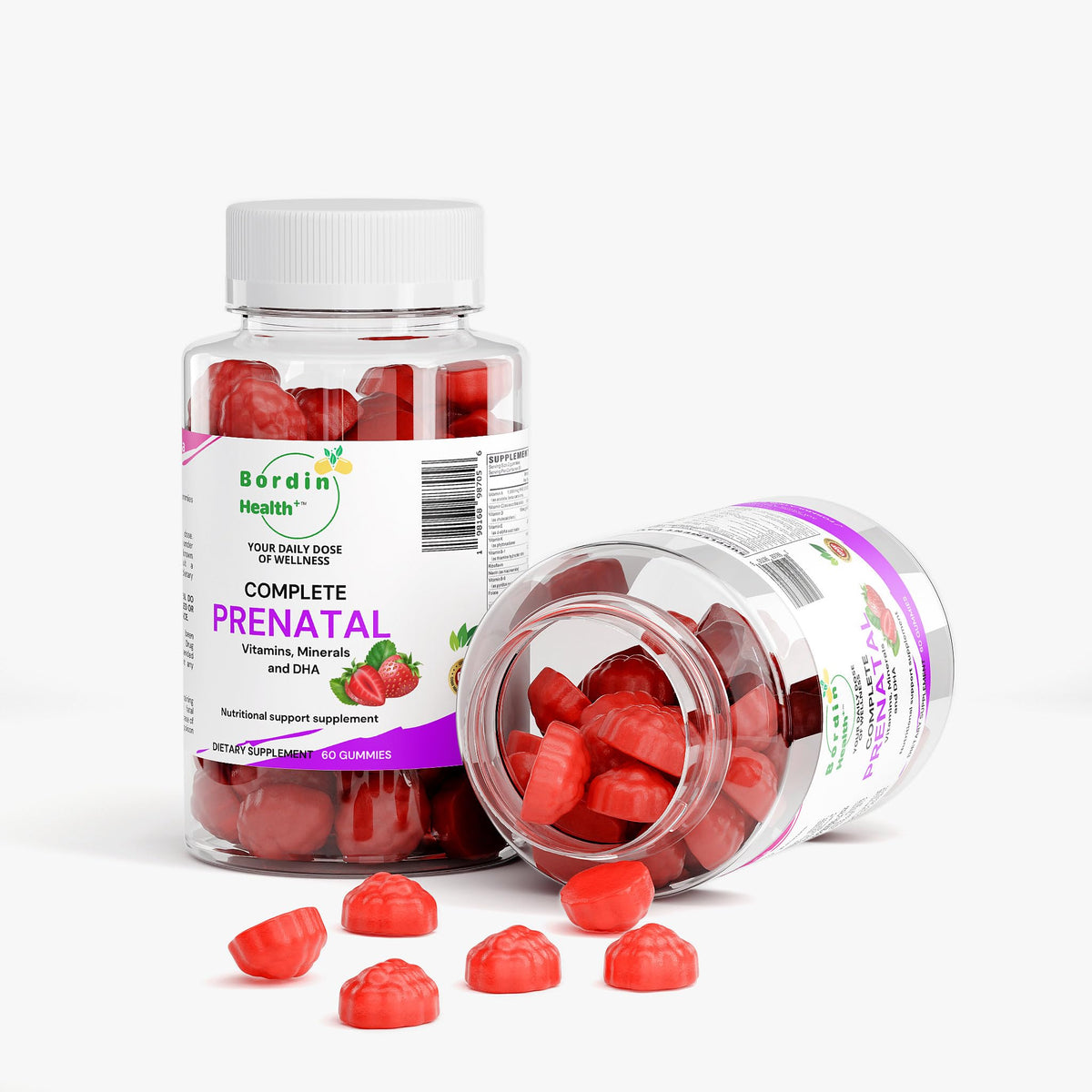 Emballage des gummies prénatales Bordin Health, vue latérale