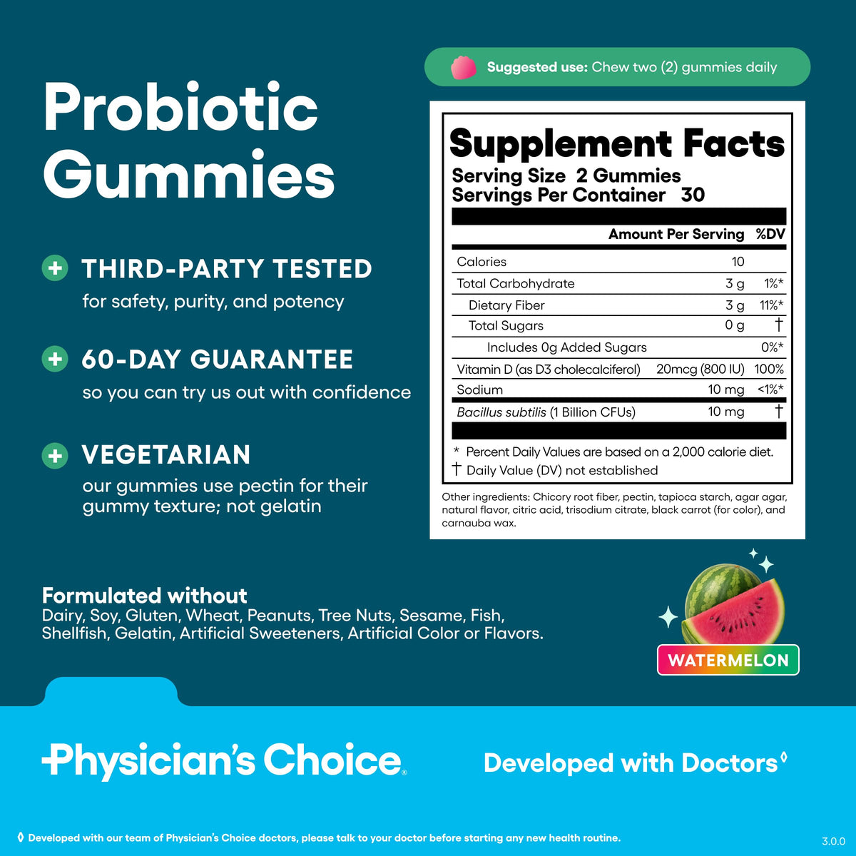 Emballage des gummies probiotiques Physician's CHOICE sur fond blanc