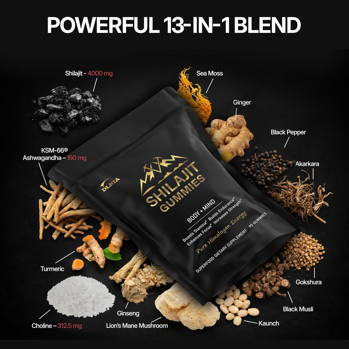 Emballage des Gummies Shilajit DLNIA sur une table