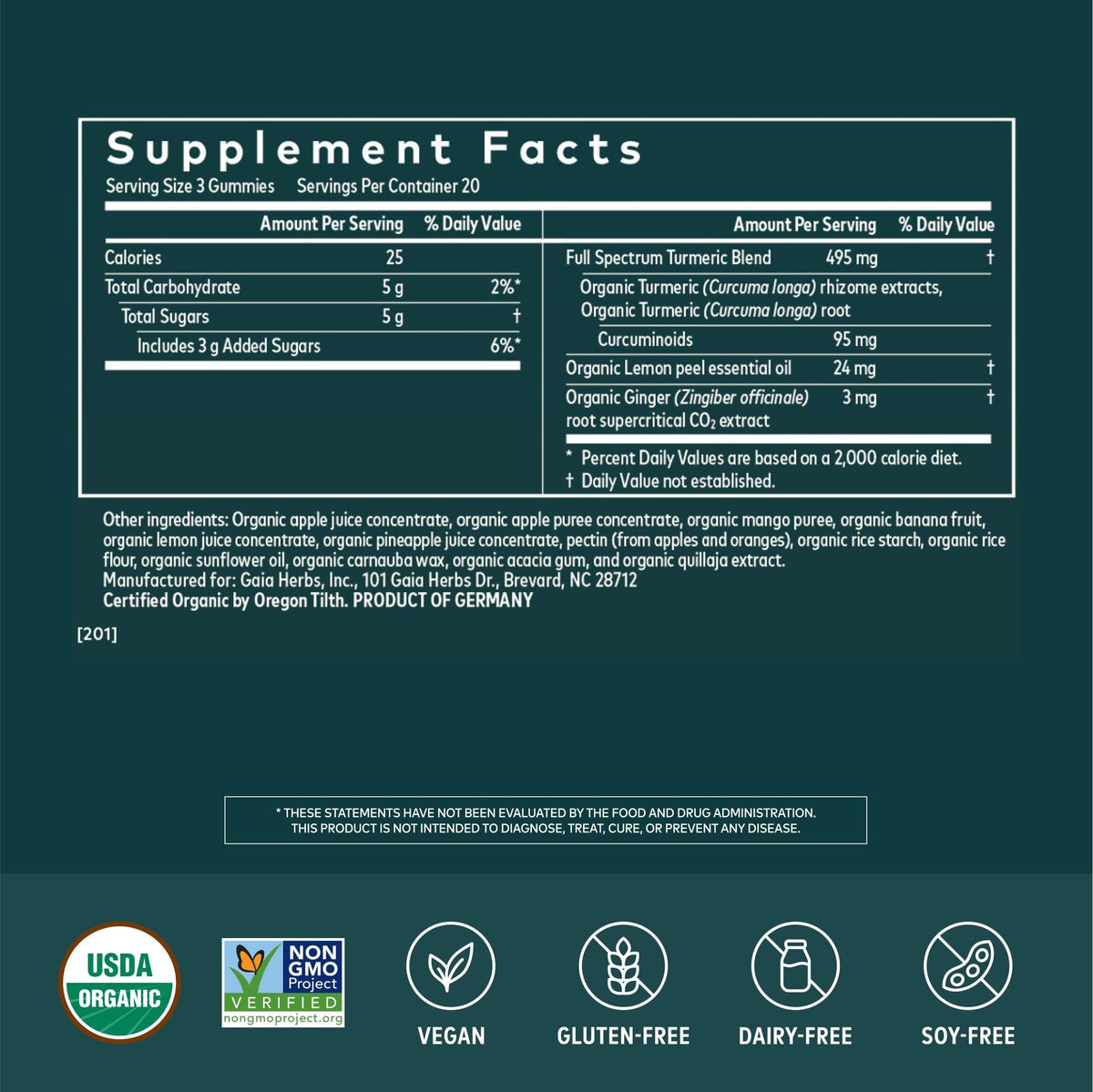 Emballage des Gummies Suprêmes de Curcuma Extra Fort Gaia Herbs
