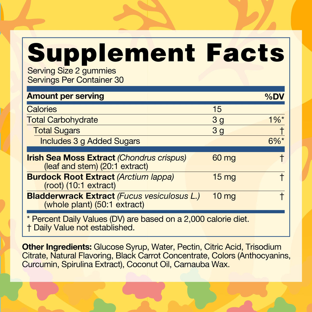 Emballage des Gummies TrueSeaMoss avec fruits en arrière-plan