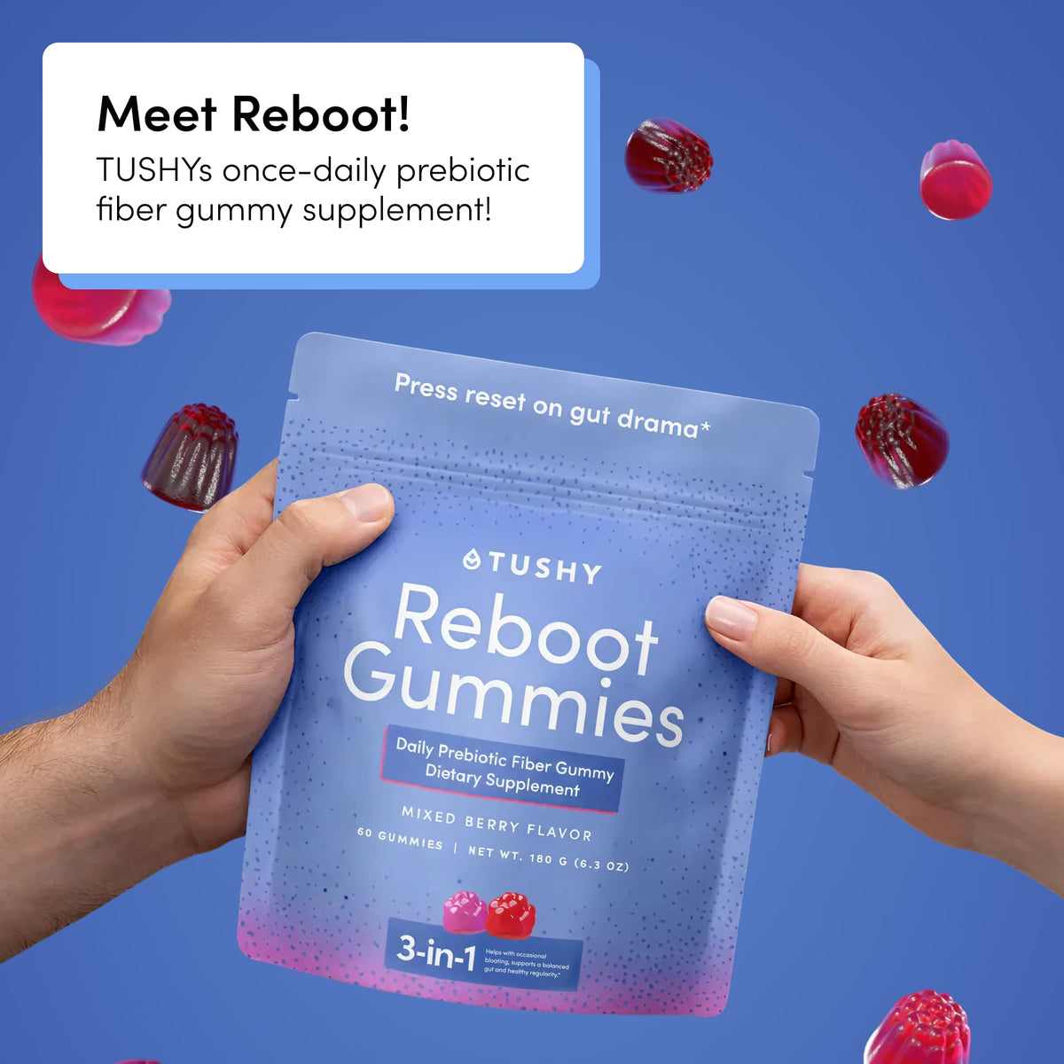 Emballage des gummies TUSHY Reboot avec fruits rouges