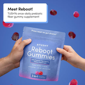 Emballage des gummies TUSHY Reboot avec fruits rouges