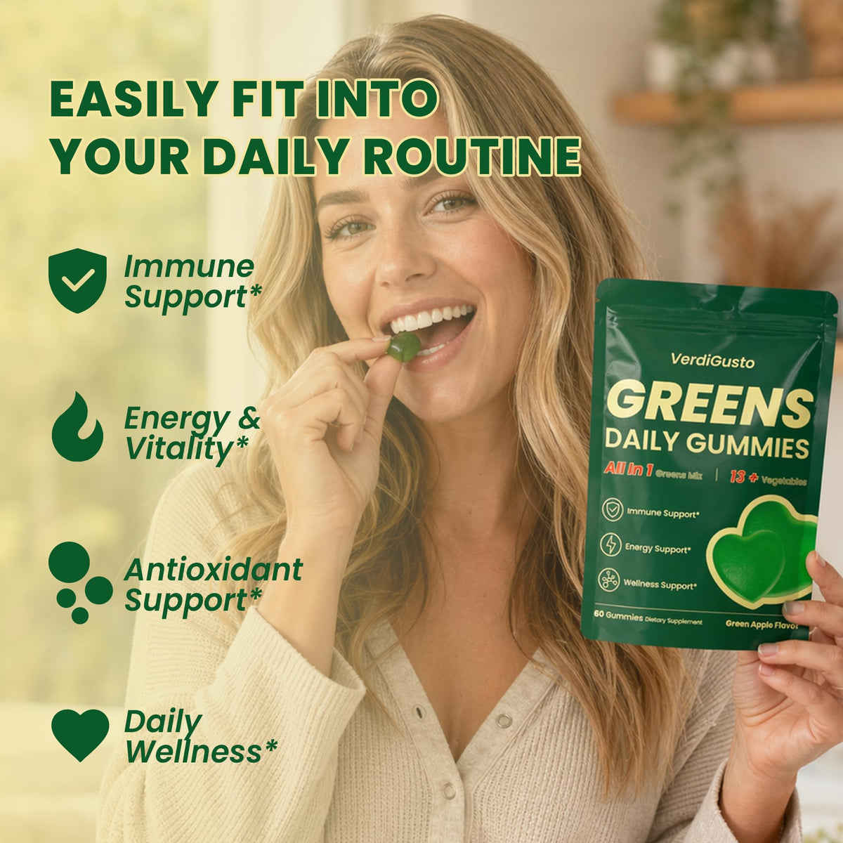 Emballage des gummies VerdiGusto Superfood Greens avec des ingrédients
