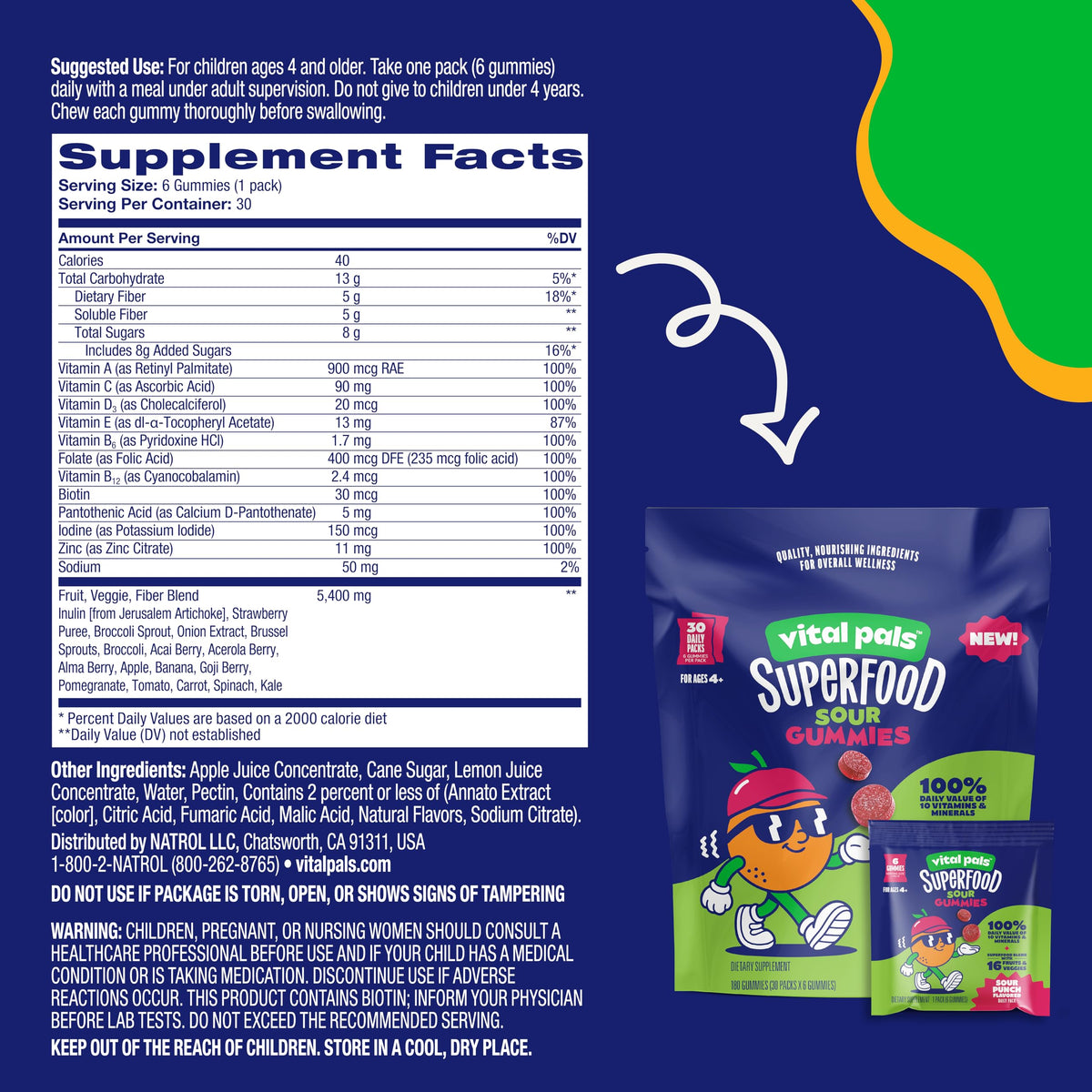 Emballage des gummies Vital Pals, 549g, avec fruits et légumes