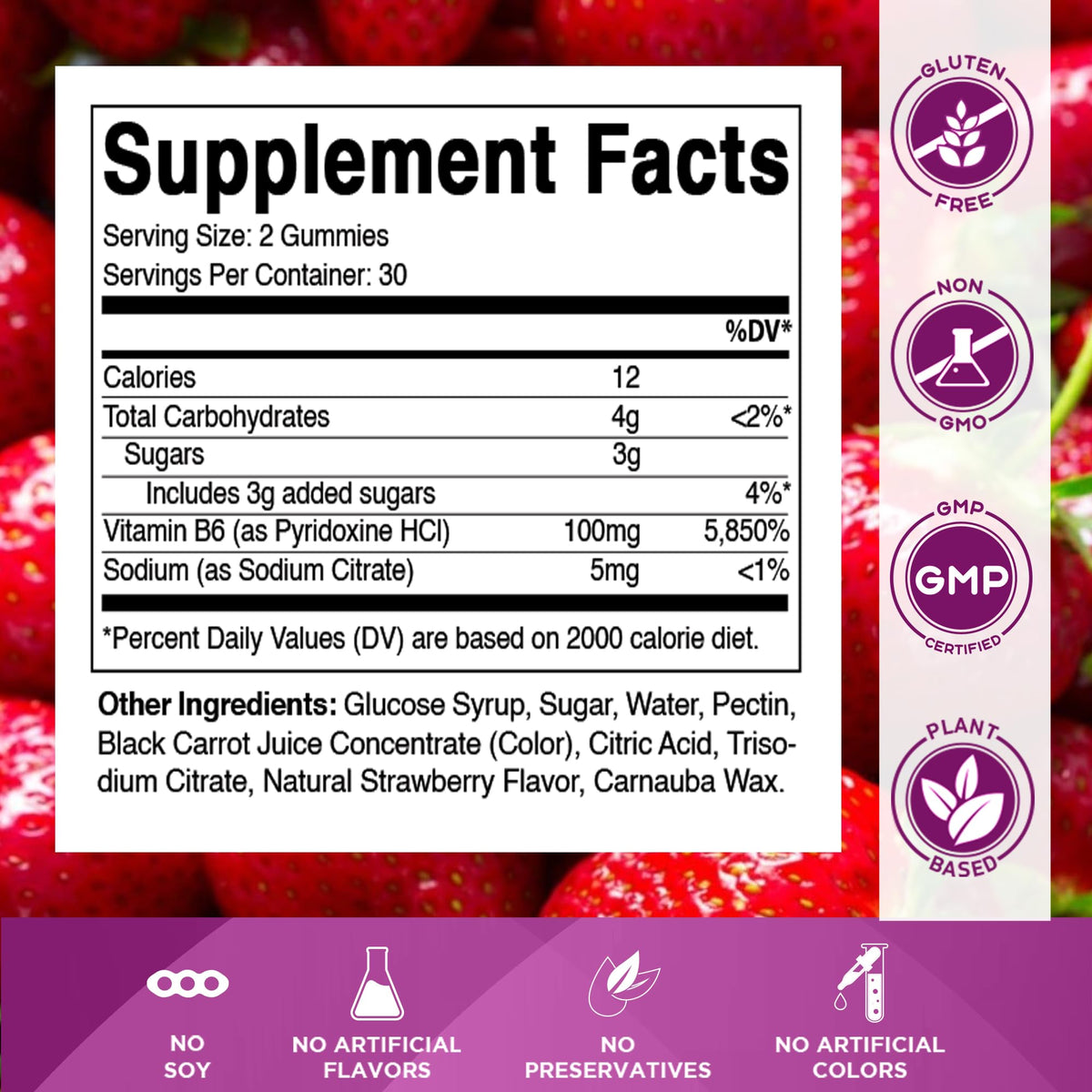 Emballage des gummies Vitamatic B6 100mg avec la mention 'sans OGM'