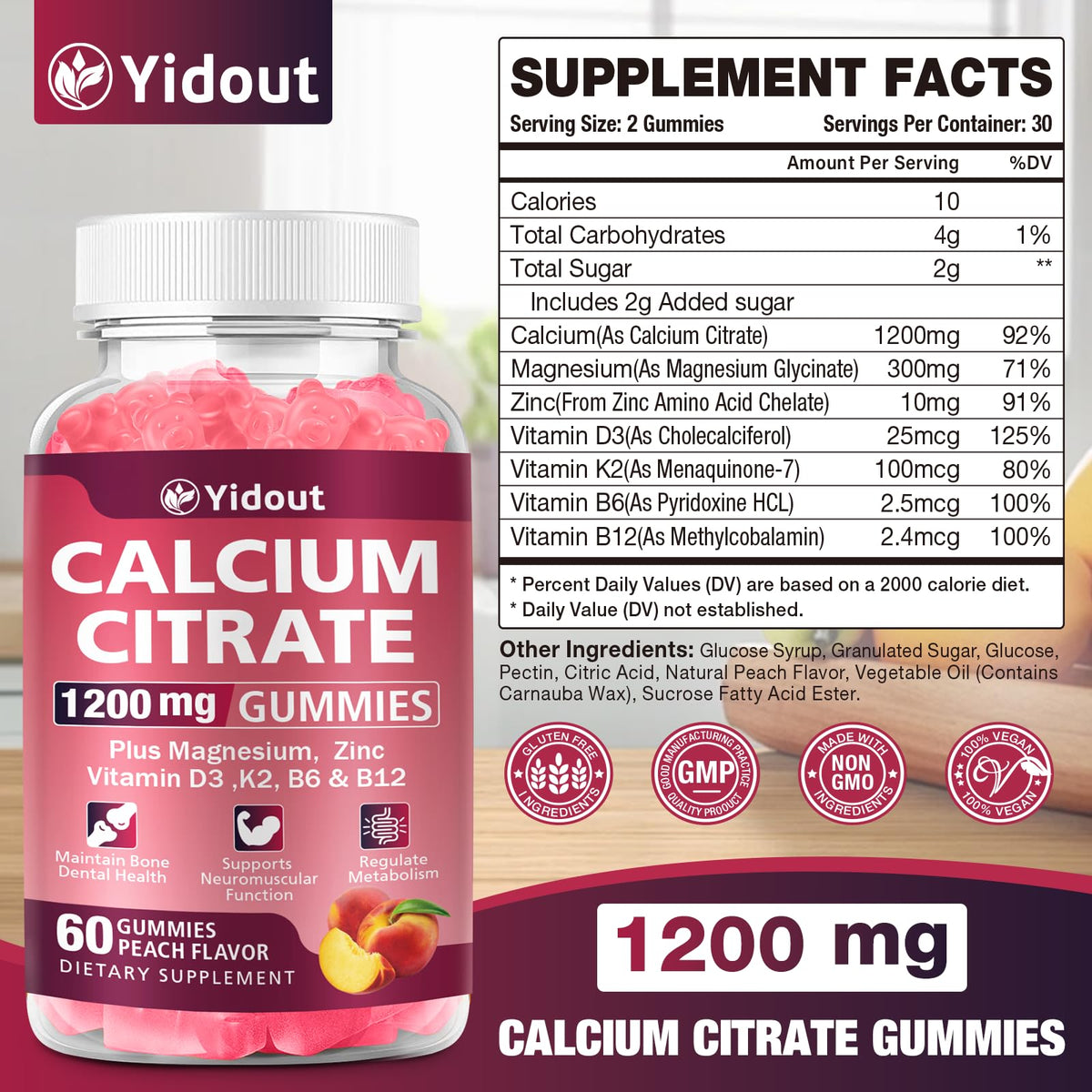 Emballage des gummies Yidout Calcium Citrate 1200mg