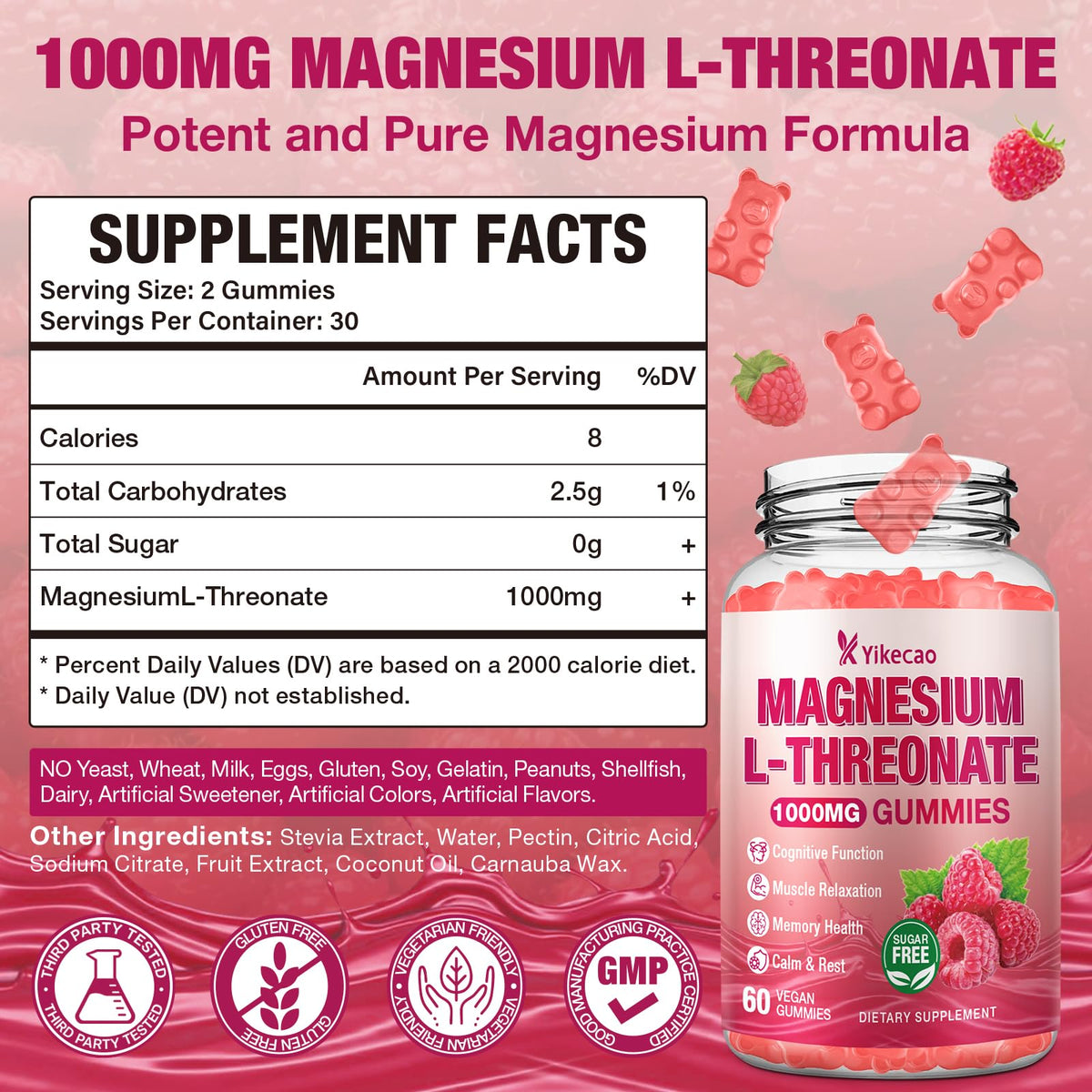 Emballage des gummies Yikecao de magnésium L-thréonate 1000mg