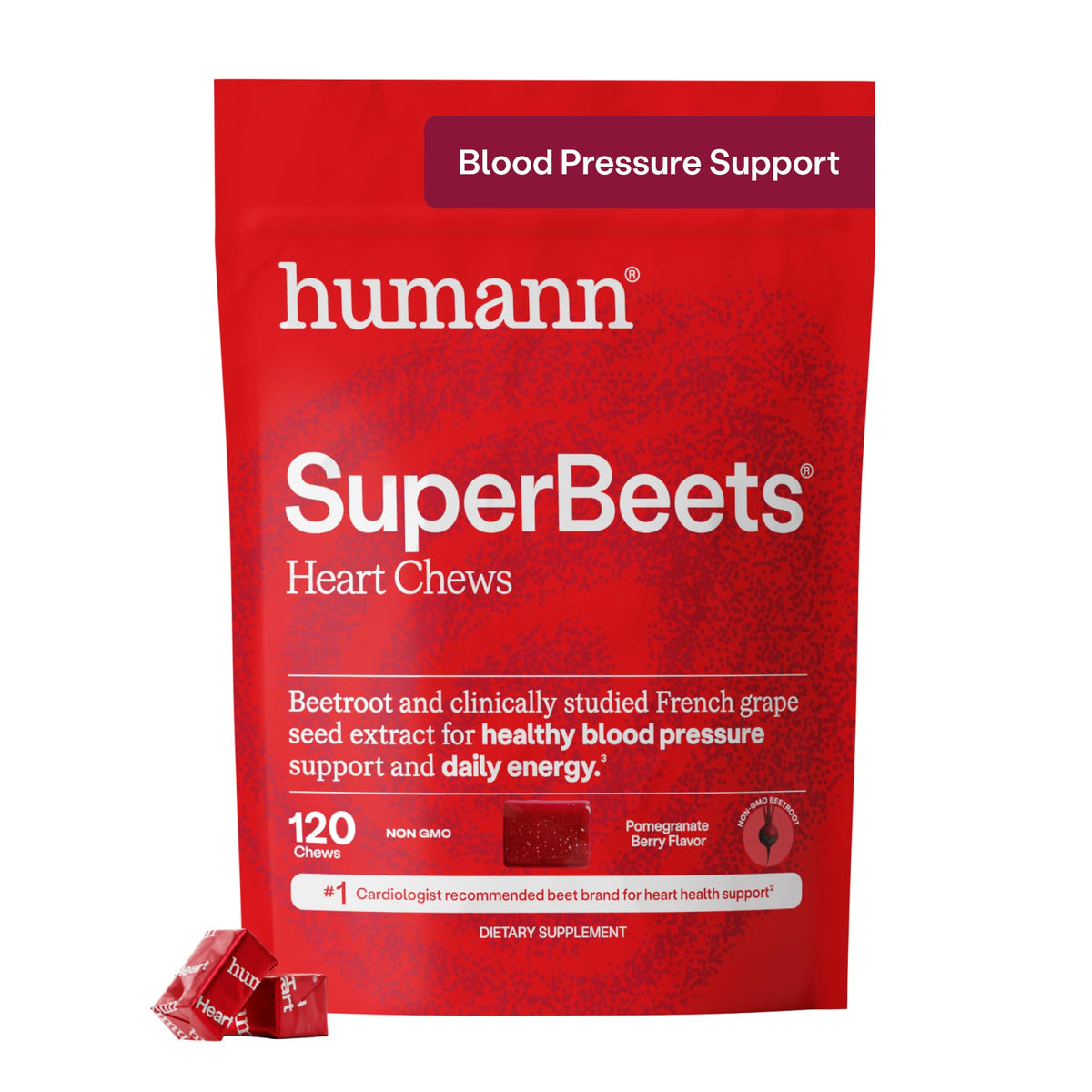 Emballage des HumanN SuperBeets Heart Chews 120 Ct saveur grenade et baies