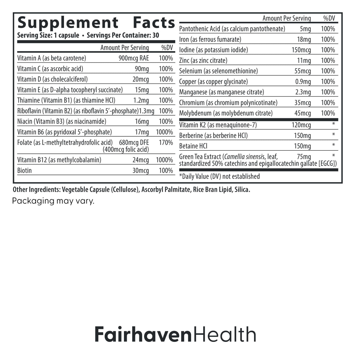 Emballage des Multivitamines Essentielles de Fairhaven Health