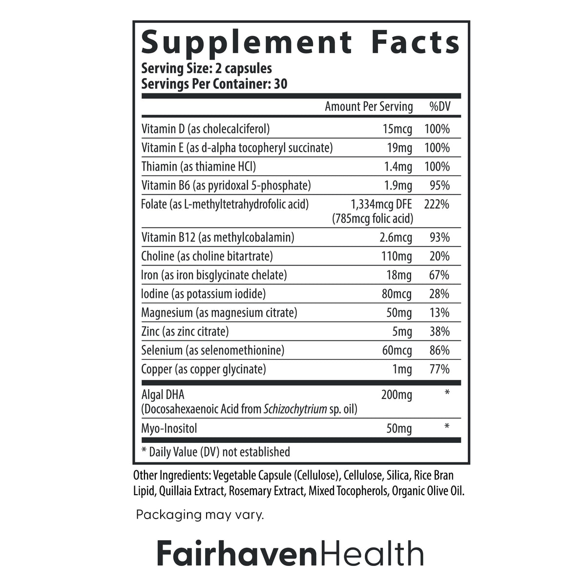 Emballage des multivitamines prénatales Fairhaven Health