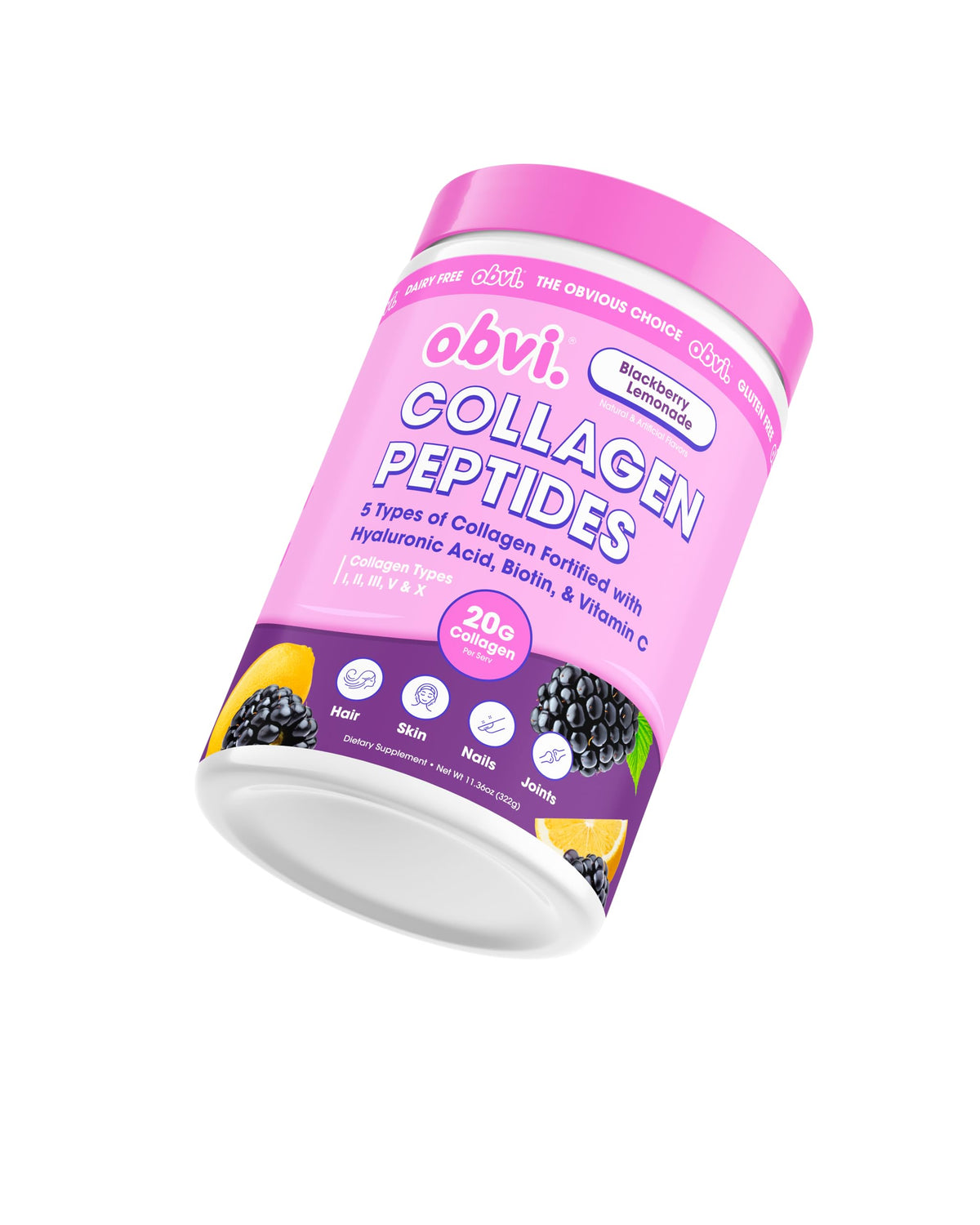 Emballage des Obvi Collagen Peptides 431g saveur framboise citron