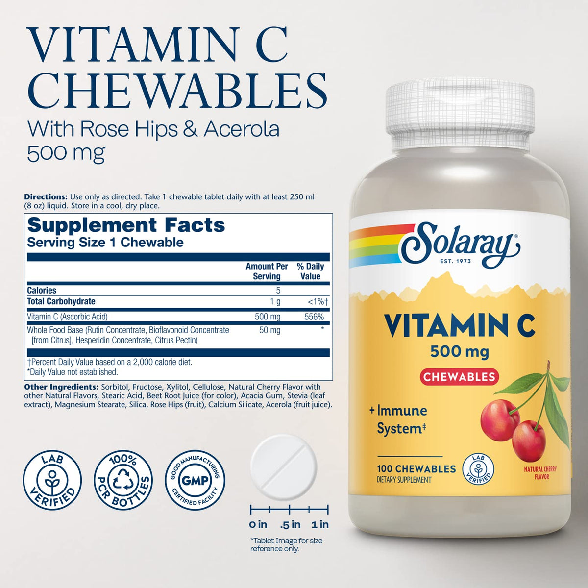 Emballage des pastilles à mâcher Vitamine C SOLARAY 500 mg côté