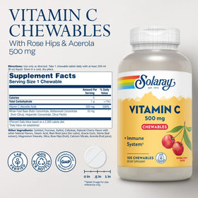 Emballage des pastilles à mâcher Vitamine C SOLARAY 500 mg côté