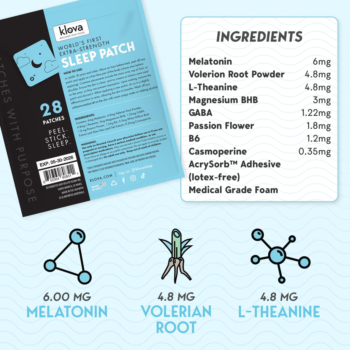 Emballage des patches de sommeil Klova avec informations