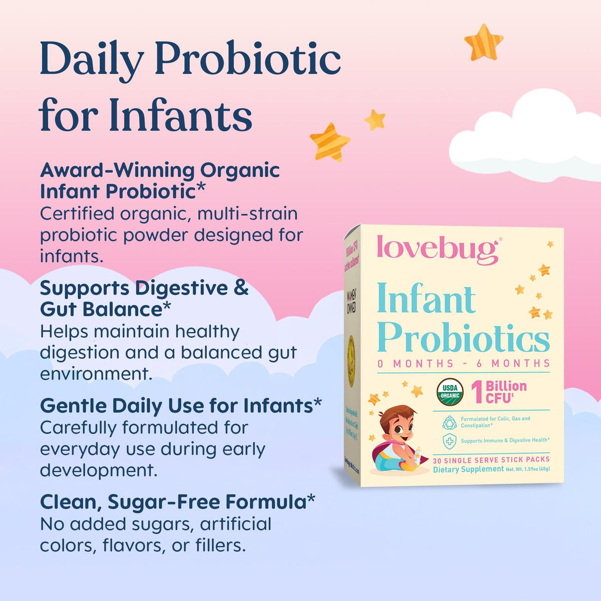Emballage des probiotiques LOVEBUG pour nourrissons