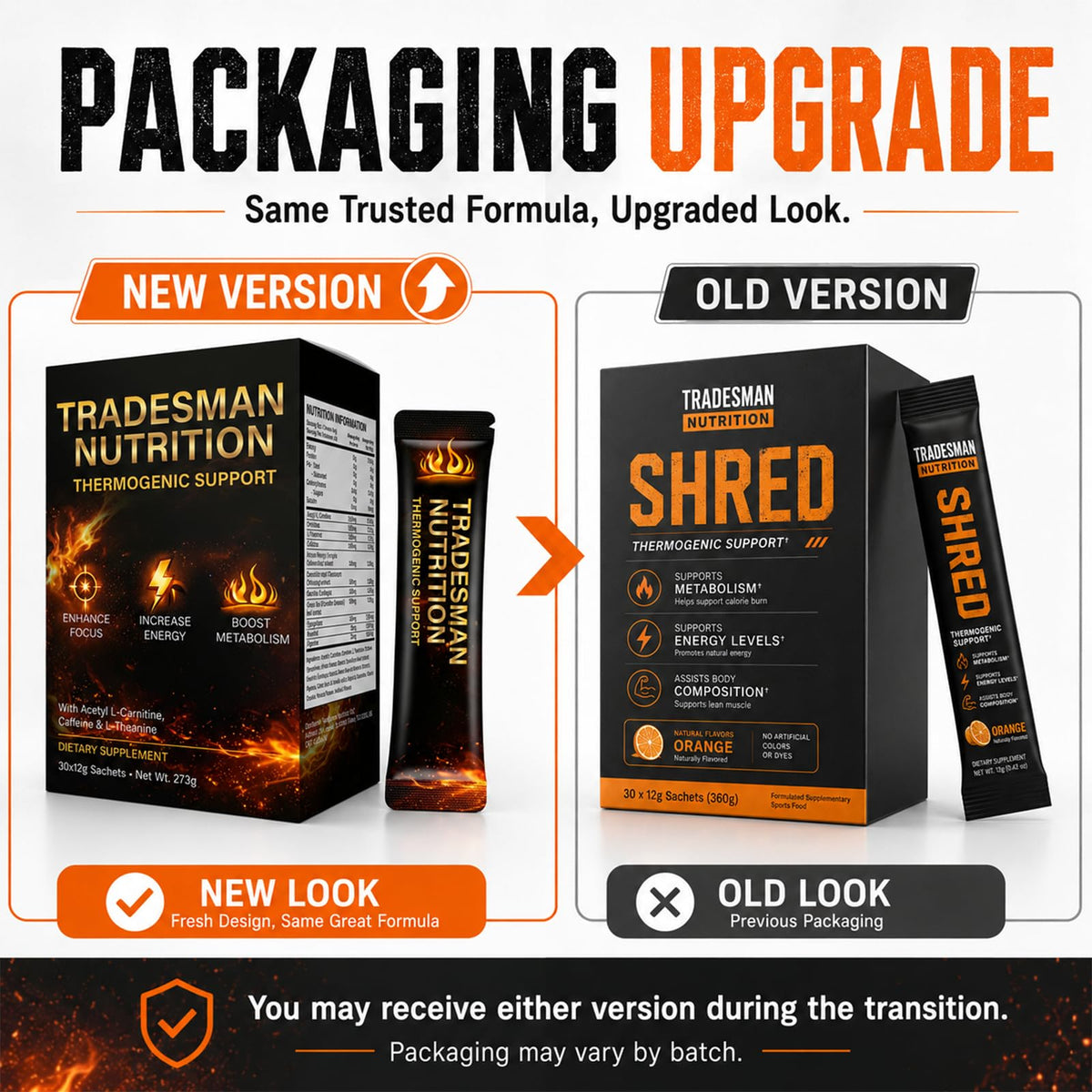Emballage des sachets Shred TRADESMAN NUTRITION