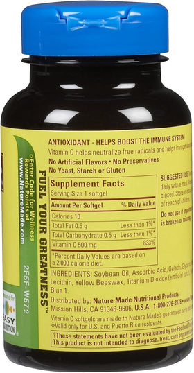 Emballage des softgels de vitamine C Nature Made 500 mg, côté