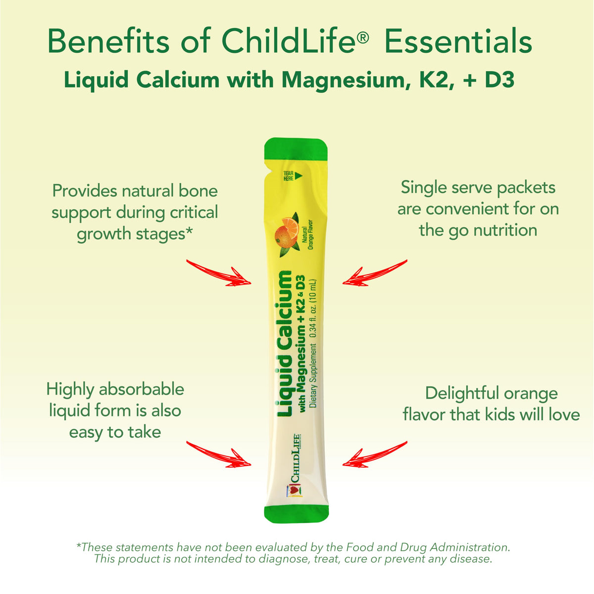 Emballage des stick packs de Calcium Liquide CHILDLIFE ESSENTIALS