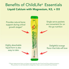Emballage des stick packs de Calcium Liquide CHILDLIFE ESSENTIALS