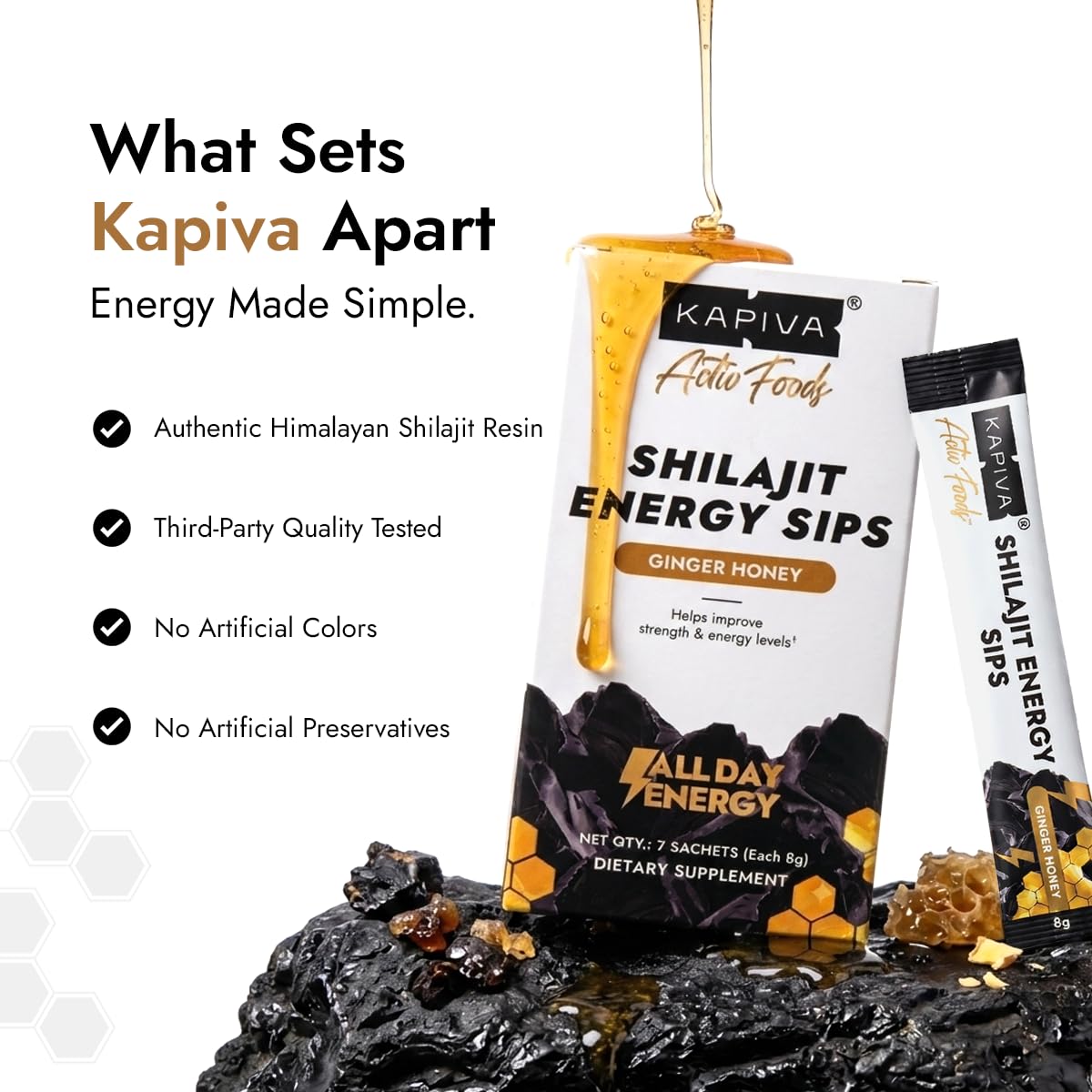 Emballage des sticks de miel Kapiva Shilajit, 7 unités