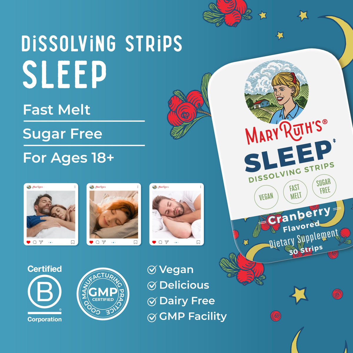 Emballage des strips dissolvants MARYRUTH'S avec informations nutritionnelles