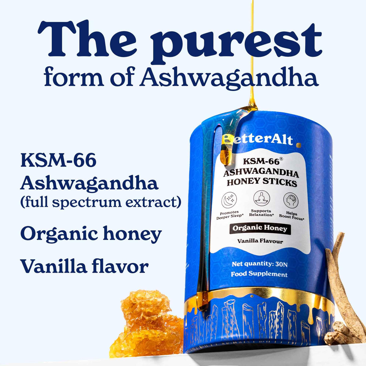Emballage des sucettes au miel KSM 66 Ashwagandha de Better Alt
