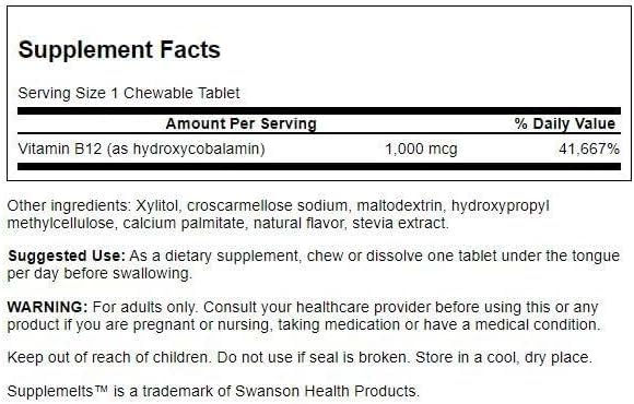 Emballage des Supplemelts Vitamine B12 60 Chewables de Swanson