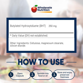 Emballage du BHT 250mg de Wholesale Nutrition avec ingrédients