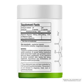 Emballage du Citrate de Magnésium 1000mg 60 Capsules Végétales de GREEN ROYALTY