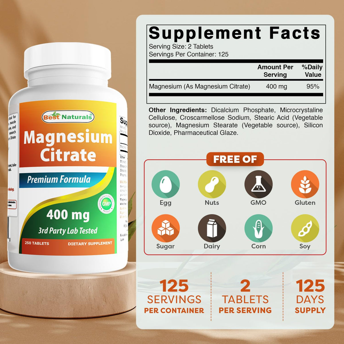 Emballage du citrate de magnésium Best Naturals 400mg 250 comprimés