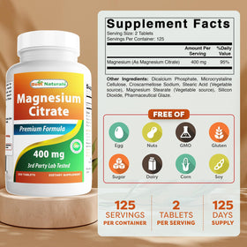 Emballage du citrate de magnésium Best Naturals 400mg 250 comprimés