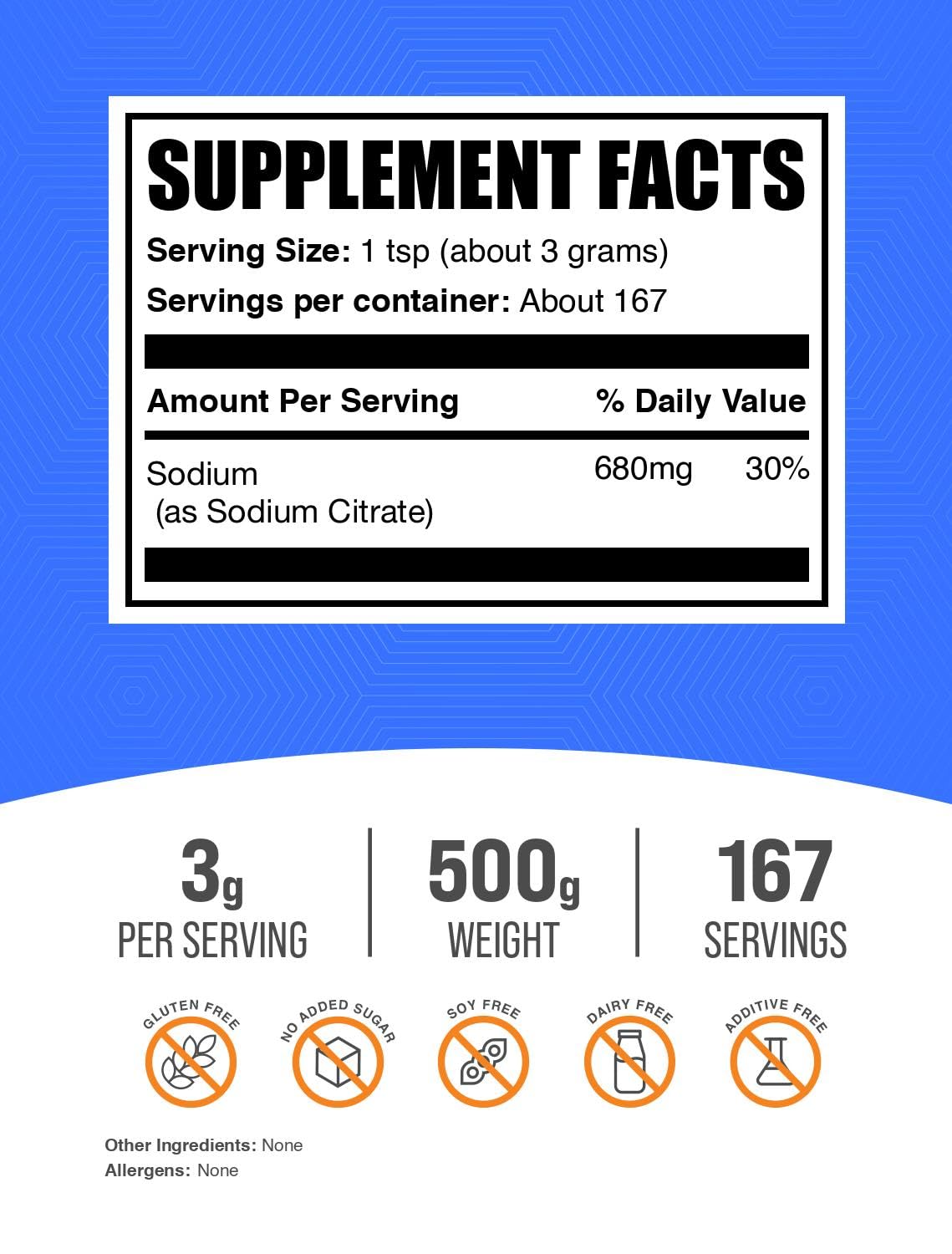 Emballage du citrate de sodium BulkSupplements 500g