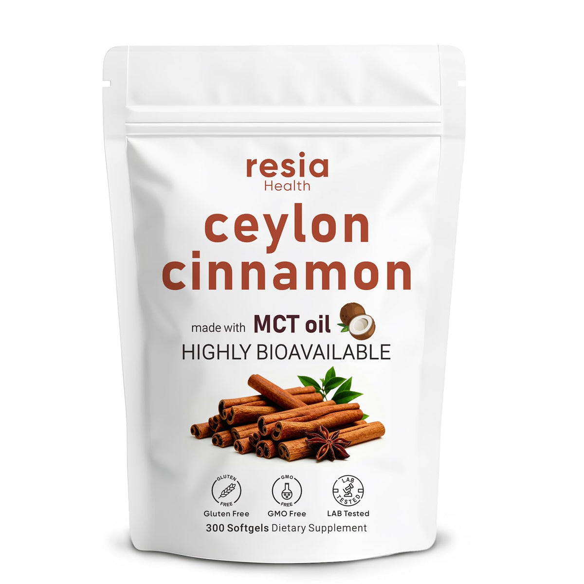 Emballage du complément Ceylon Cinnamon avec Huile MCT de Resia Health