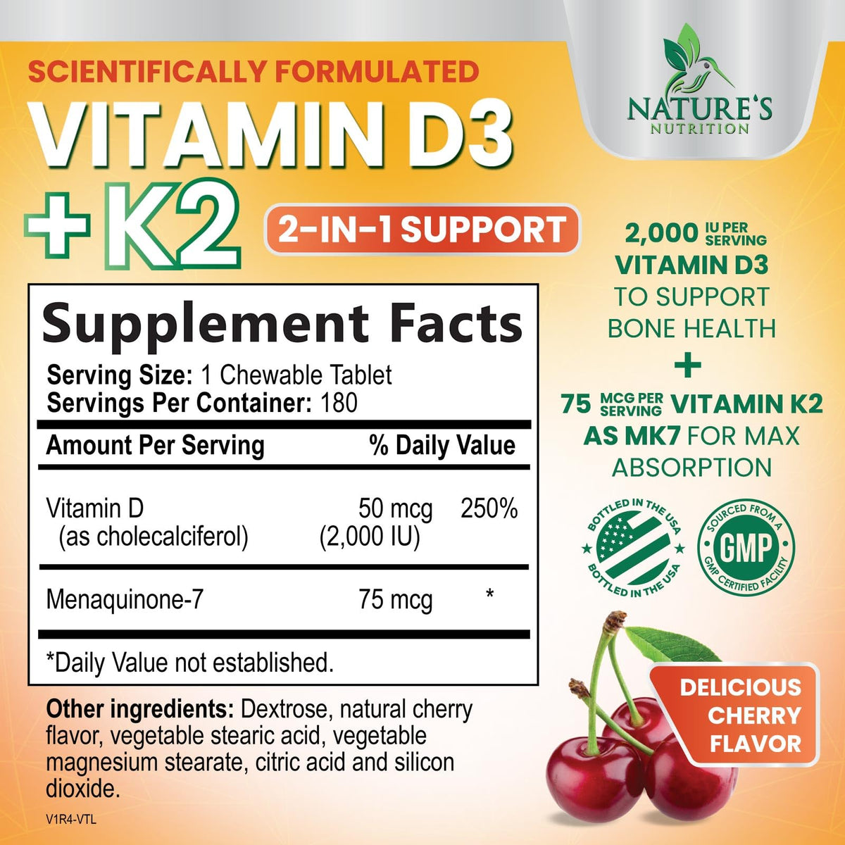 Emballage du complément D3 K2 Nature's Nutrition, vue de face