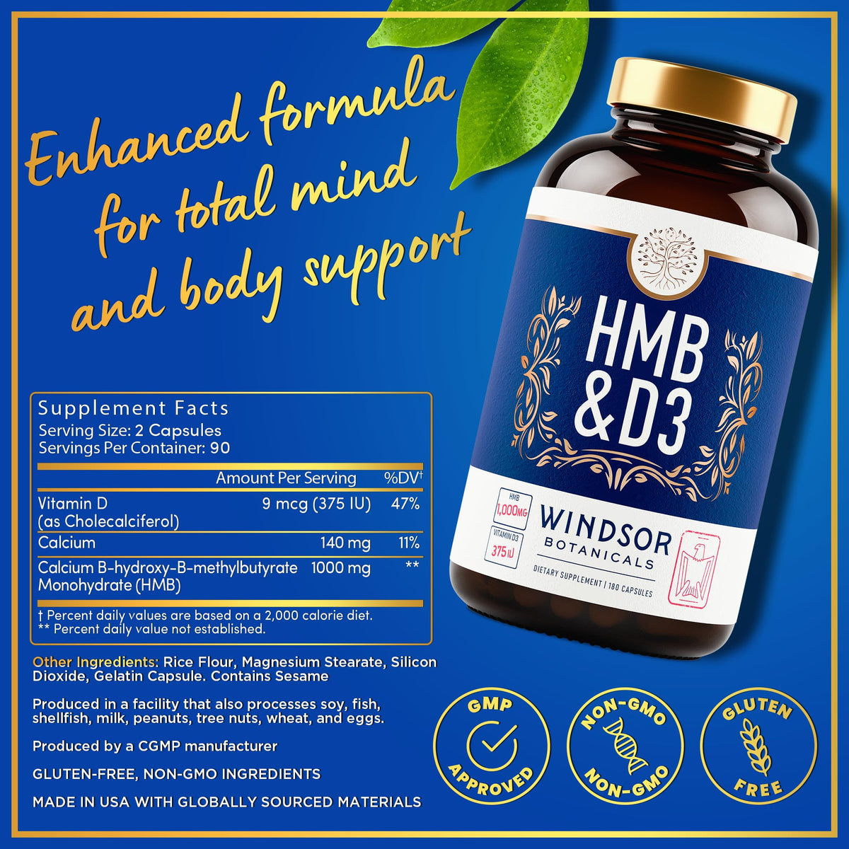 Emballage du complément HMB 1 000 mg et Vitamine D3