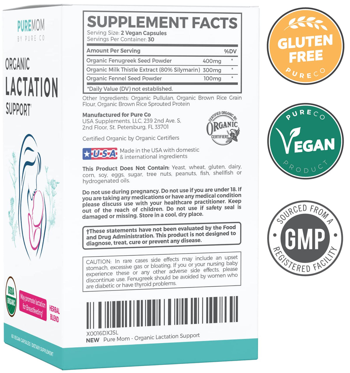 Emballage du complément lactation PURE CO sur une table