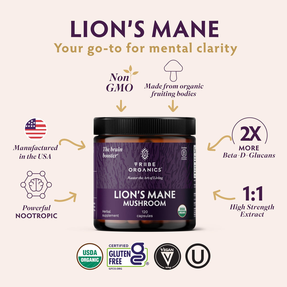 Emballage du complément TRIBE ORGANICS Lion’s Mane 1000mg