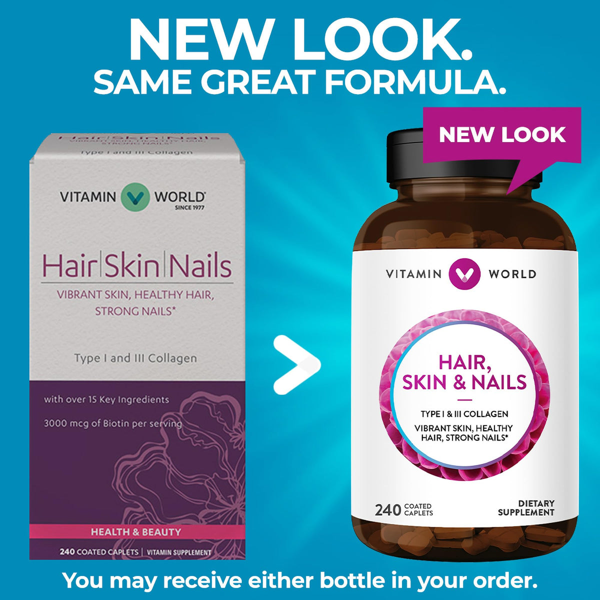 Emballage du complément Vitamin World Cheveux, Peau et Ongles