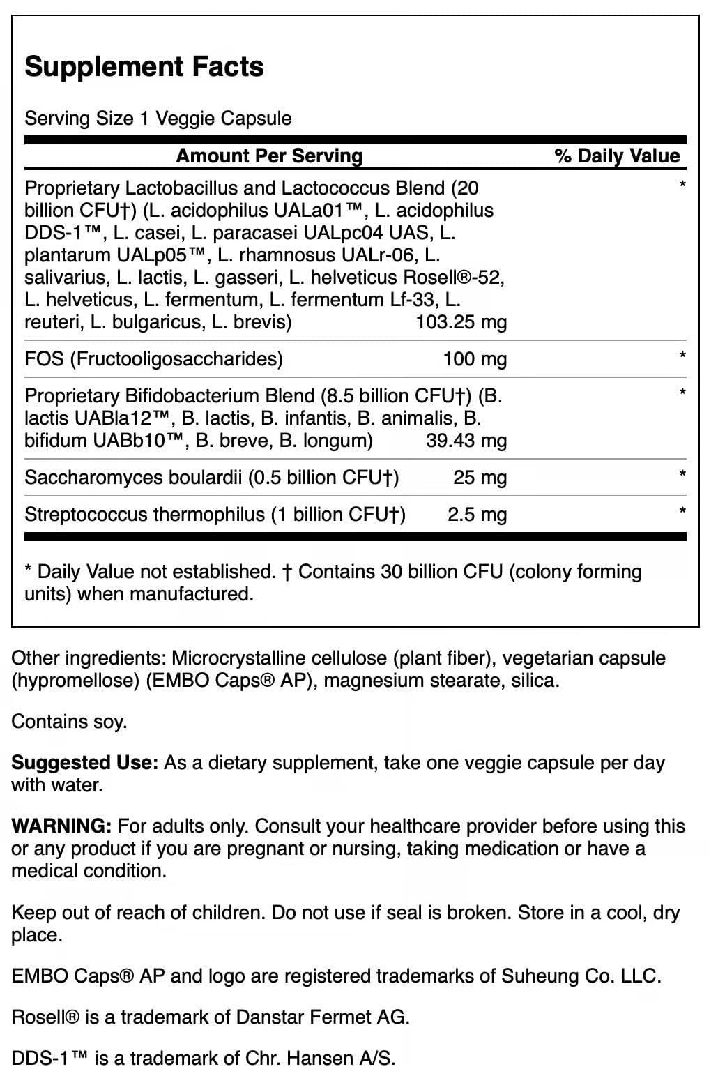 Emballage du complexe probiotique Swanson avec 60 capsules