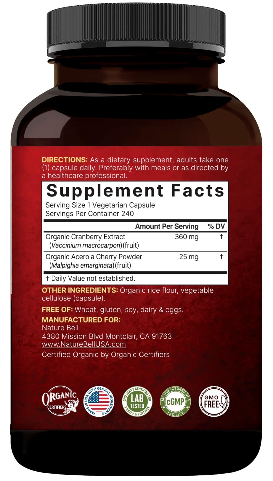 Emballage du concentré de canneberge NatureBell avec acerola