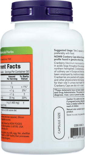 Emballage du concentré de canneberge NOW Foods avec des capsules visibles