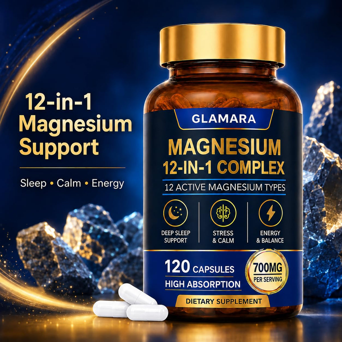 Emballage du GLAMARA Magnesium Complex 12 en 1 120 Capsules Végétaliennes