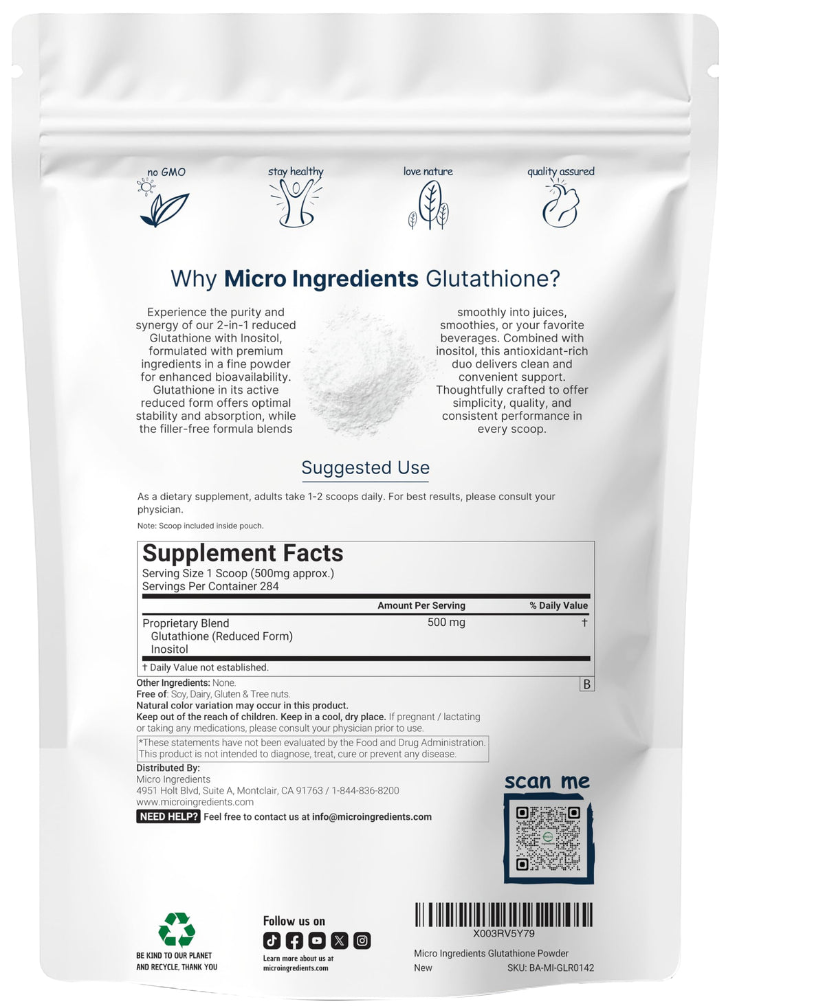 Emballage du Glutathione en poudre Micro Ingredients vu de face
