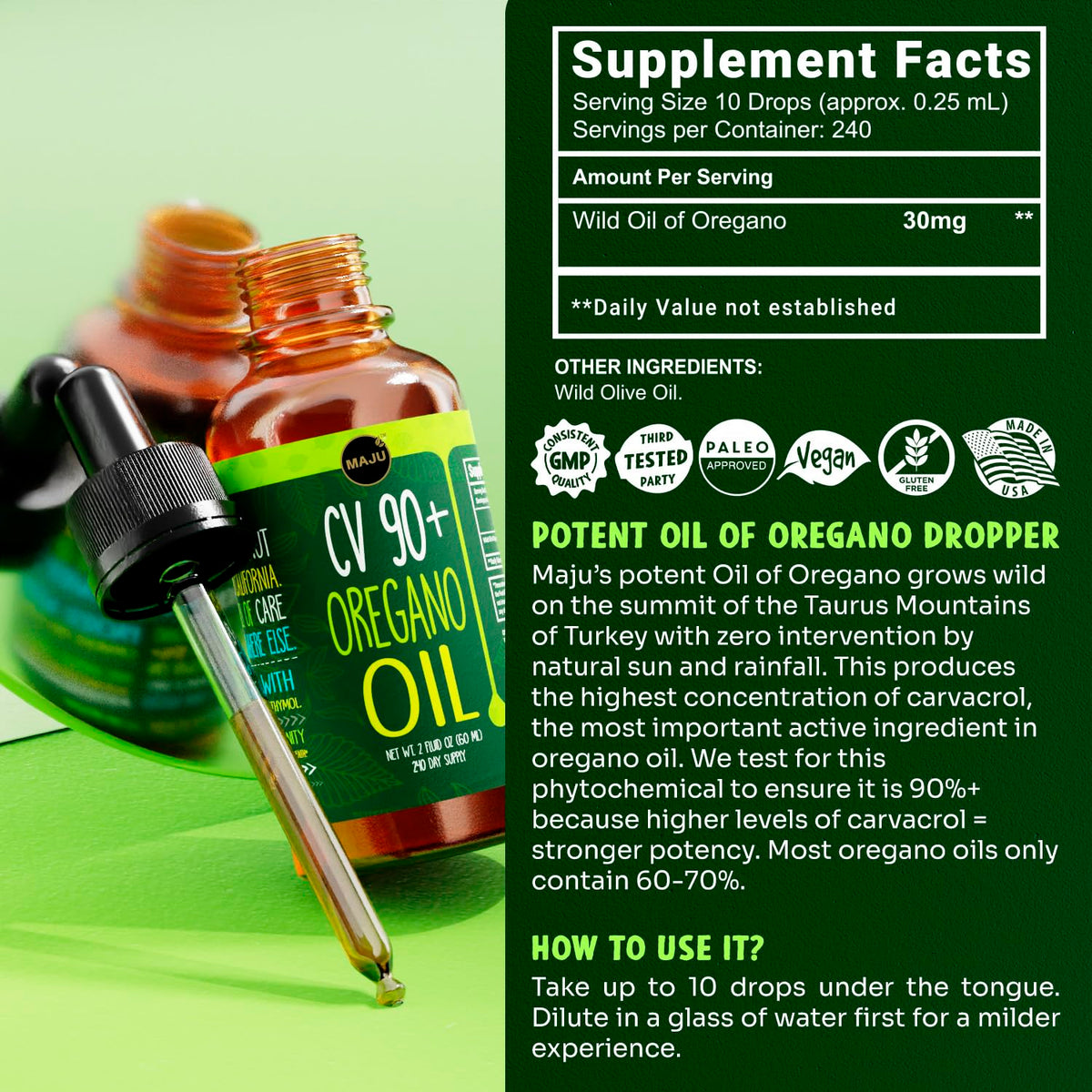 Emballage du Maju Superfoods Huile d'Oregano