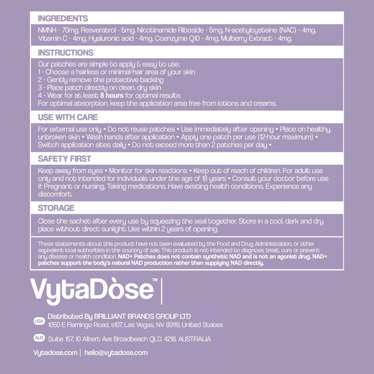 Emballage du patch Vytadose NAD+ 5X avec informations produit