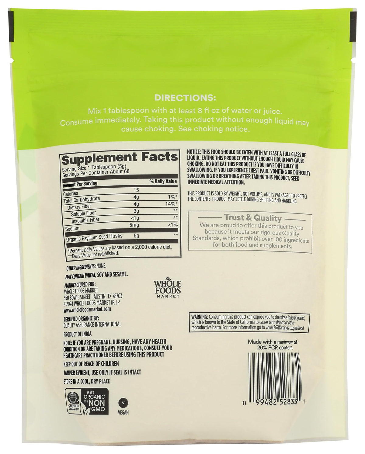 Emballage du psyllium husk 365 by Whole Foods Market