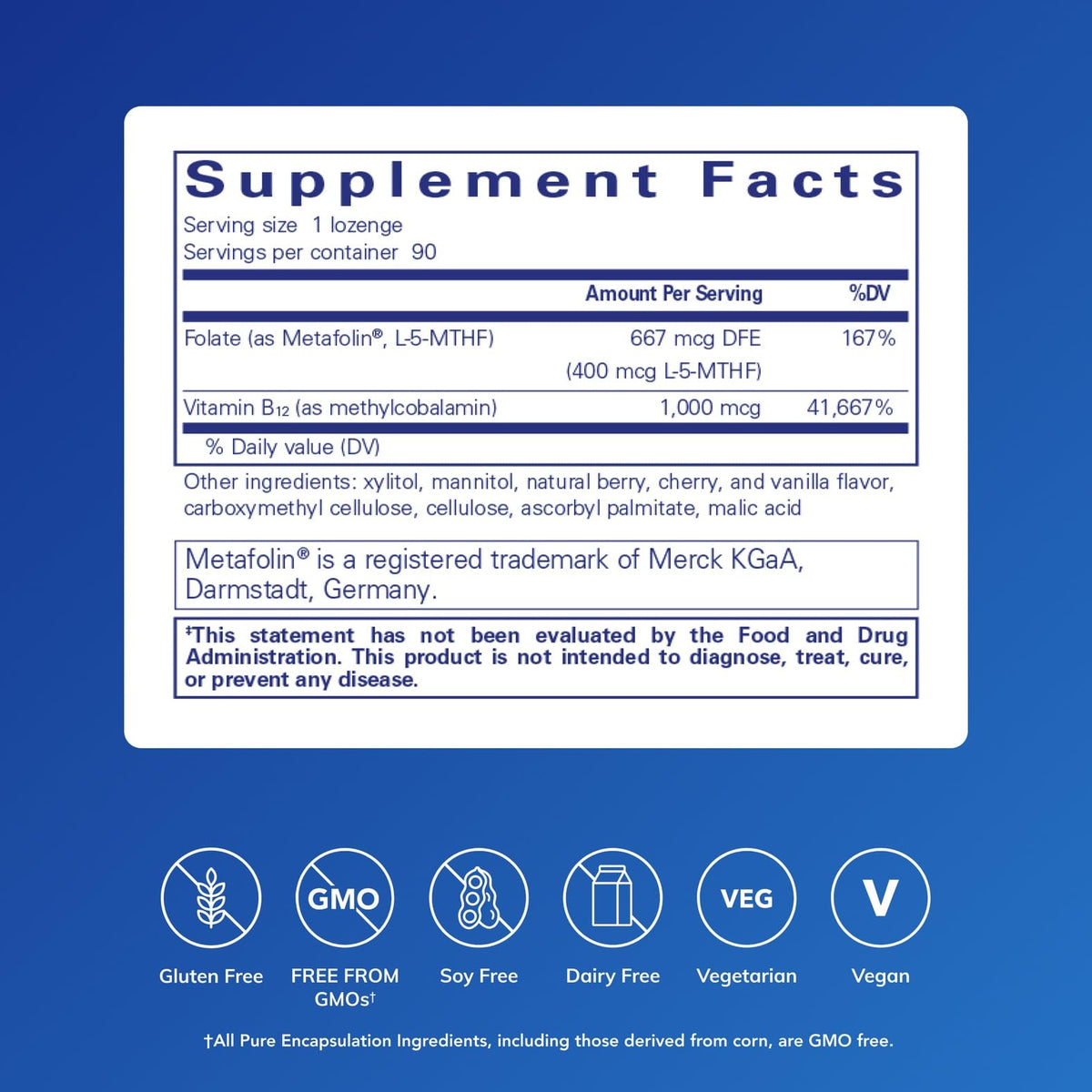 Emballage du Pure Encapsulations PureMelt B12 Folate 90 pastilles