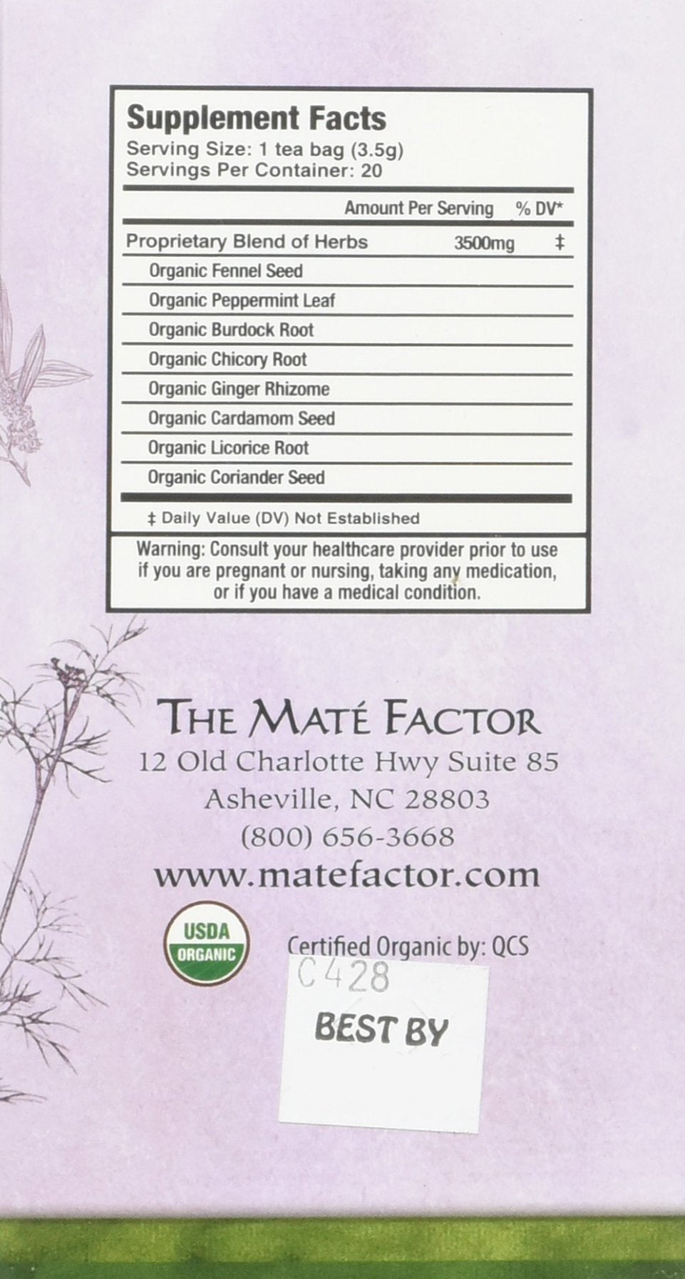 Emballage du thé prébiotique Maté Factor avec sachets