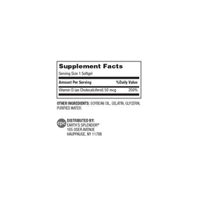 Emballage Earth's Splendor Vitamine D3 50mcg 250 gélules